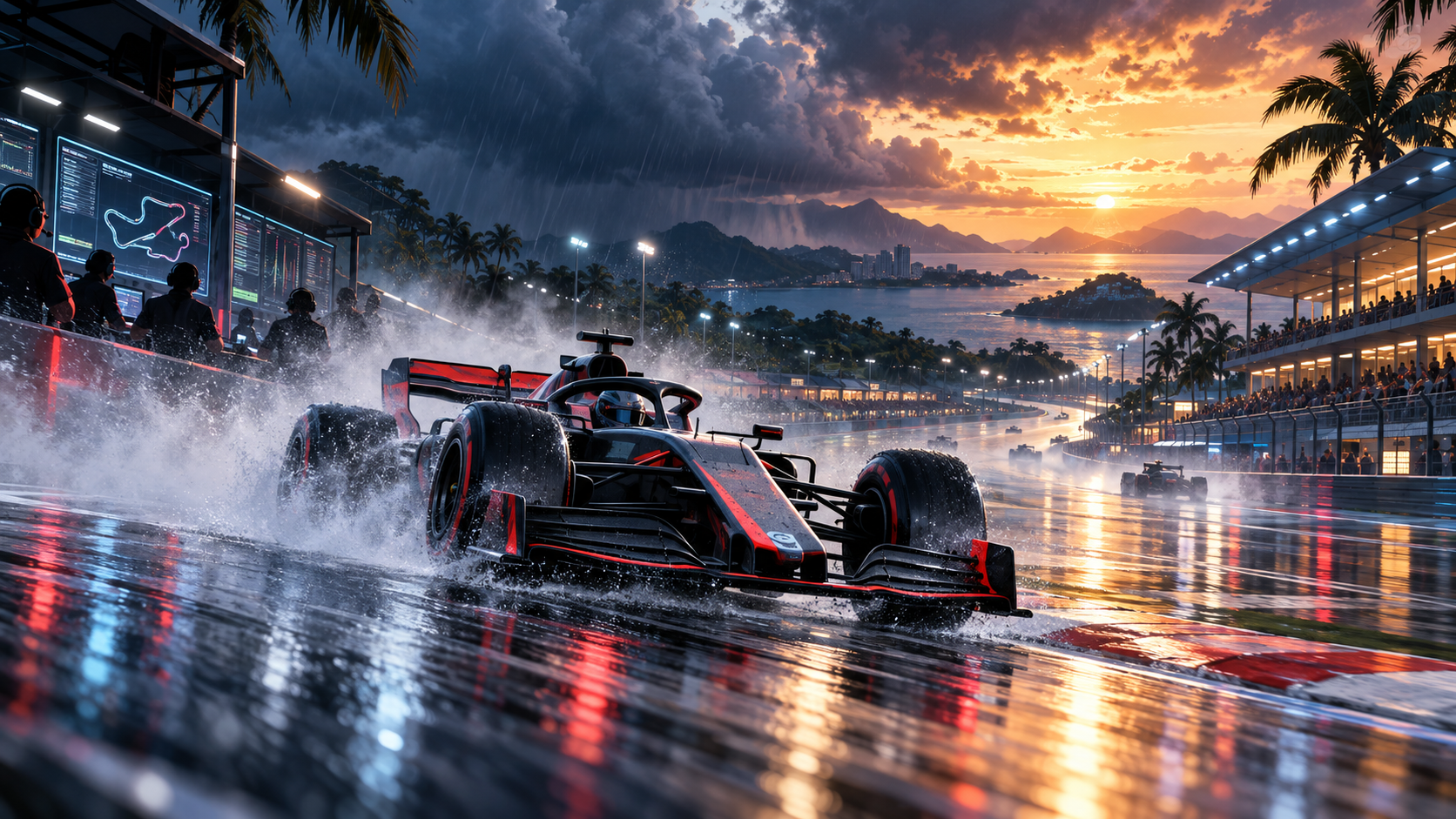 Illustration éditoriale d’une monoplace sous la pluie sur un circuit tropical au coucher du soleil