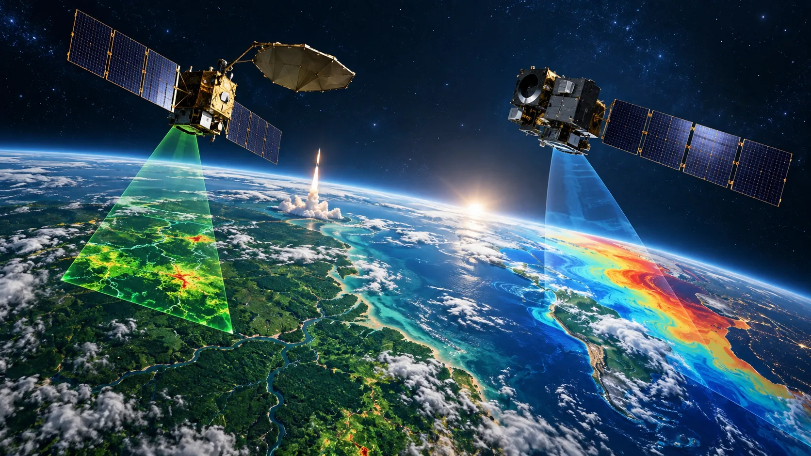 Illustration éditoriale générée par IA : deux satellites européens observent végétation et océans depuis l’orbite.