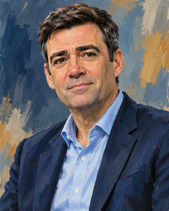 Portrait éditorial d’Andy Burnham — illustration IA, non photographique.