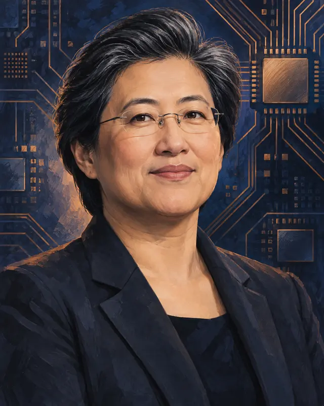 Portrait illustré de Lisa Su sur fond de circuits électroniques.