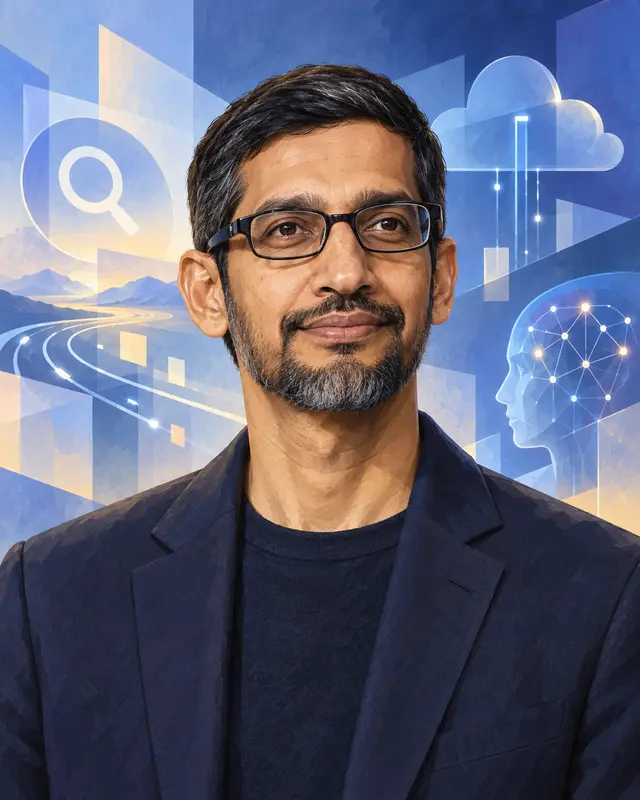Portrait illustré de Sundar Pichai sur un fond abstrait évoquant la technologie