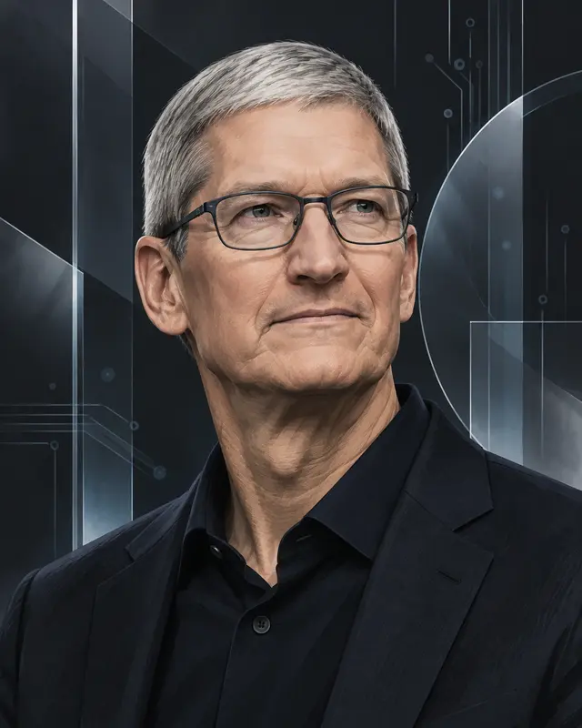 Portrait illustré de Tim Cook sur un fond technologique sombre