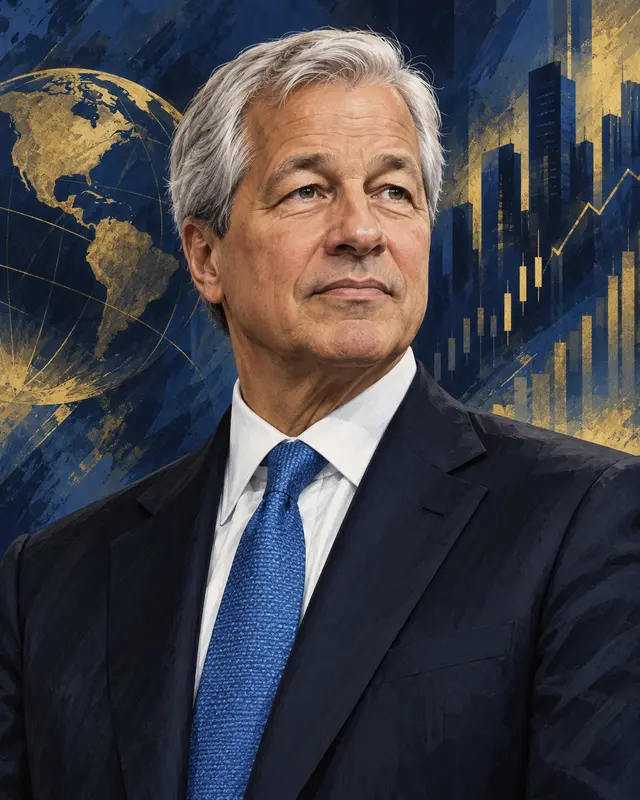Portrait illustré par IA de Jamie Dimon en costume sombre sur un fond financier abstrait