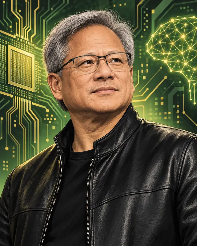 Portrait illustré par IA de Jensen Huang en veste de cuir devant un décor de circuits électroniques